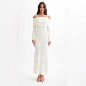 Meshki Kiki Off Shoulder Knit Rose Appliqué Semi Sheer Ivory Maxi Dress